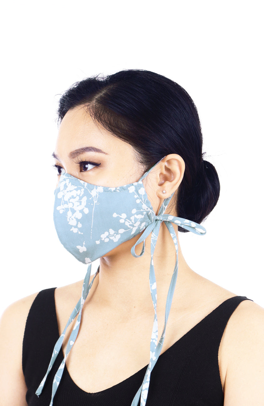 Japanese Plum Blossoms Pure Cotton Face Mask with Head Ties - Sky Blue