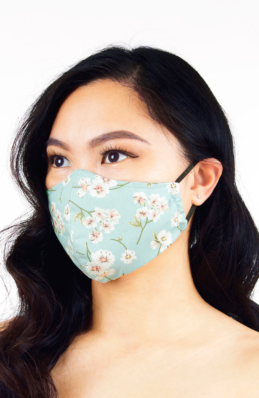 Japanese White Poppies Pure Cotton Face Mask - Crepe Mint