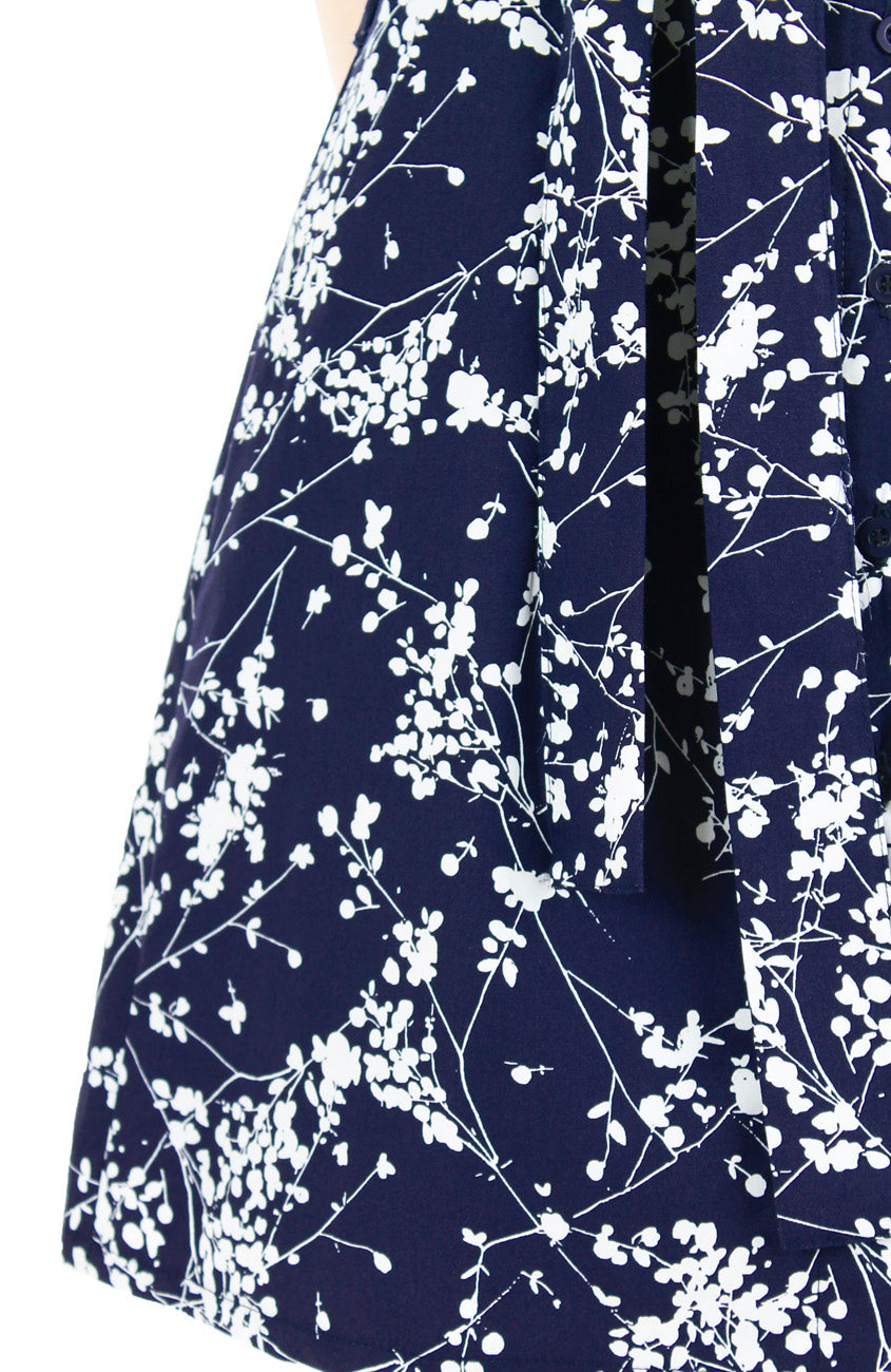 Japanese Plum Blossoms A-Line Button Down Dress - Midnight Blue