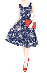 Japanese Plum Blossoms Flare Midi Dress – Midnight Blue