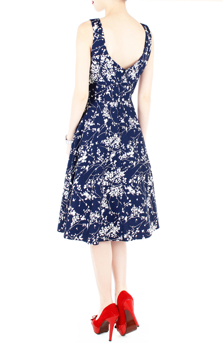 Japanese Plum Blossoms Flare Midi Dress – Midnight Blue