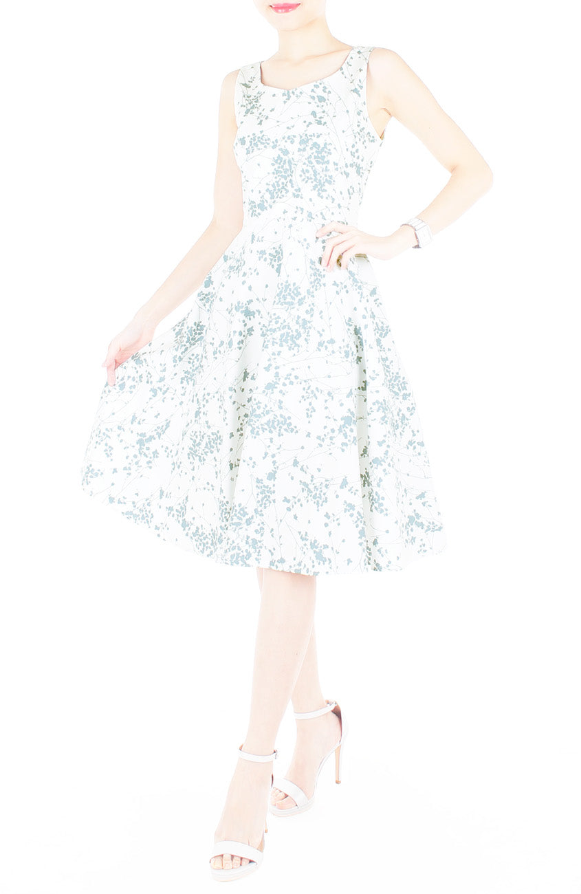 Japanese Plum Blossoms Flare Midi Dress - Winter White