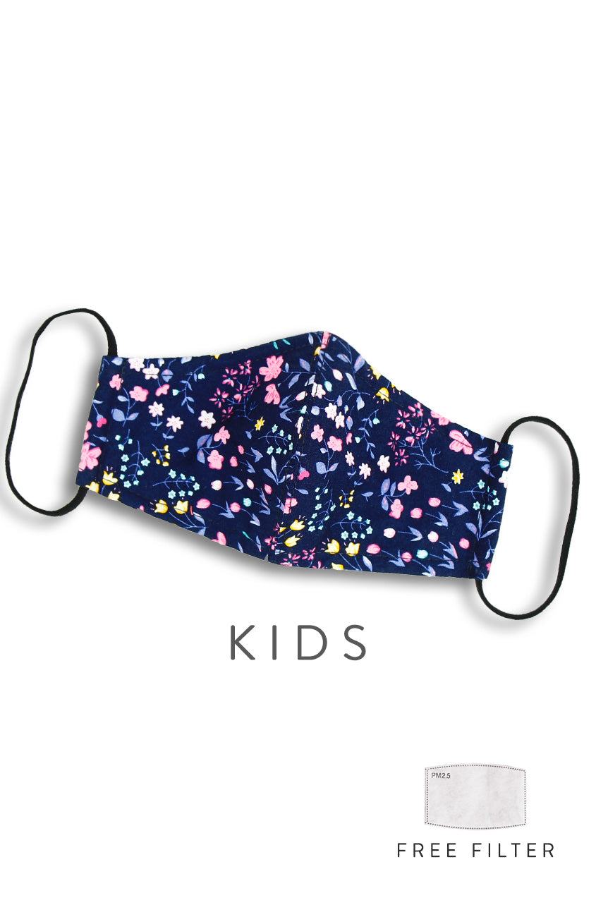 KIDS Dainty Tulip Petals Pure Cotton Face Mask - Navy