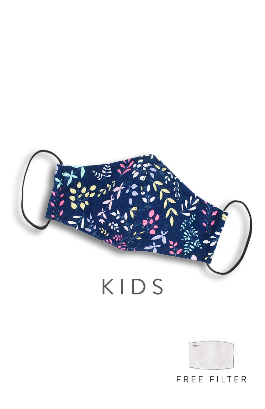 KIDS Ferns Illustrated Pure Cotton Face Mask - Midnight Blue