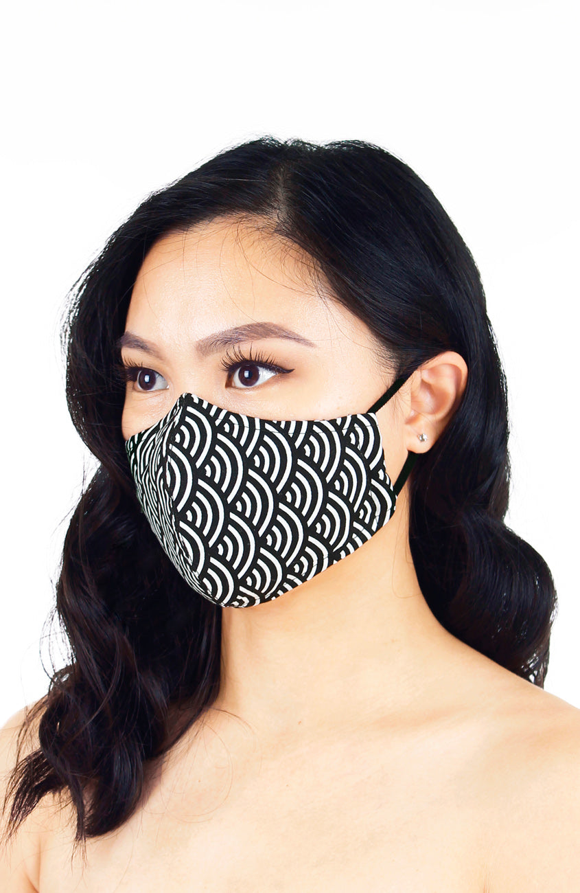 Kyoto Seigaiha Pure Cotton Face Mask - Noir Black