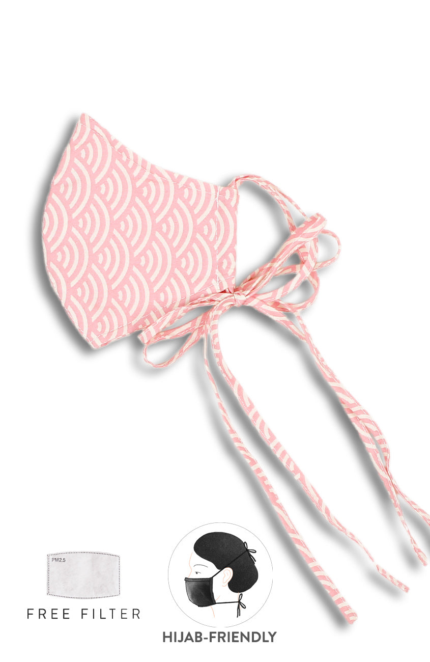 Kyoto Seigaiha Pure Cotton Face Mask with Head Ties - Sakura Pink