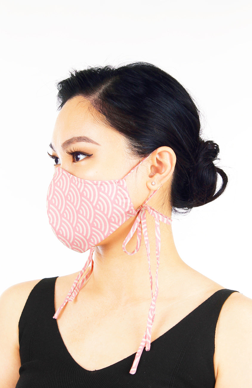 Kyoto Seigaiha Pure Cotton Face Mask with Head Ties - Sakura Pink