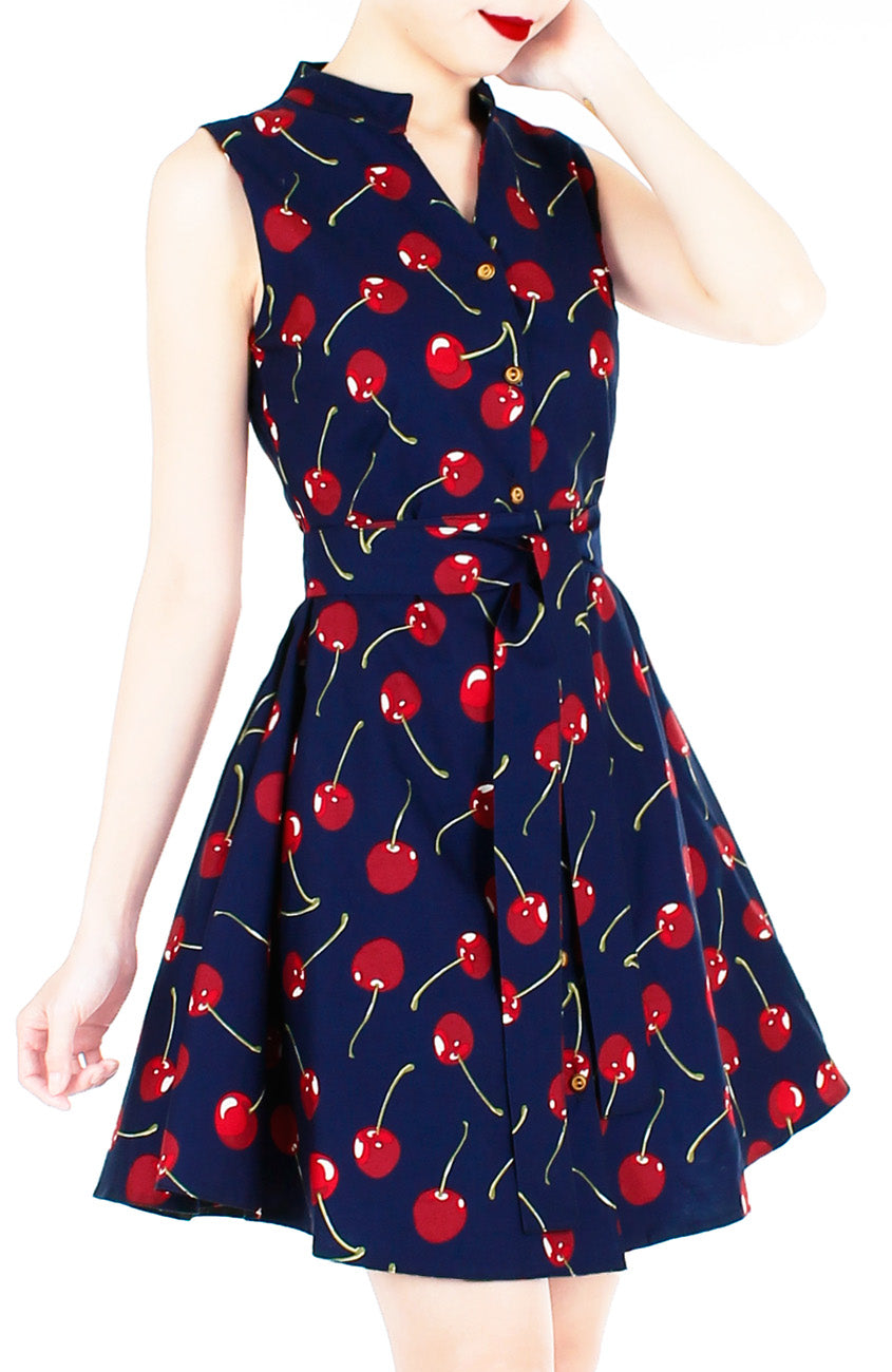 Lady Love Song Flare Dress with Wooden Buttons - Cherry