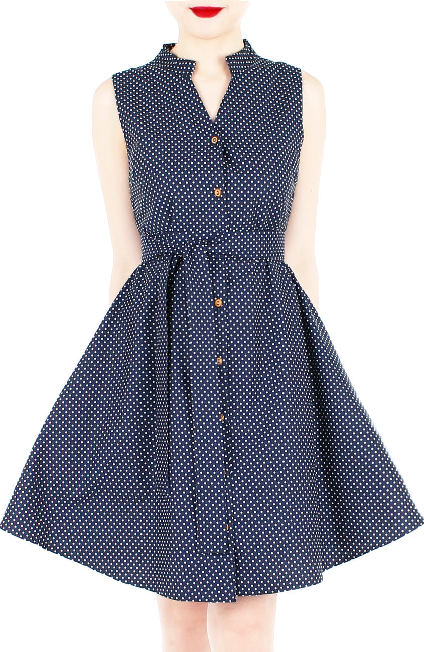 Lady Love Song Flare Dress with Wooden Buttons - Polka Dot Blue
