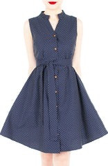Lady Love Song Flare Dress with Wooden Buttons - Polka Dot Blue