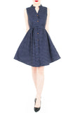Lady Love Song Flare Dress with Wooden Buttons - Polka Dot Blue