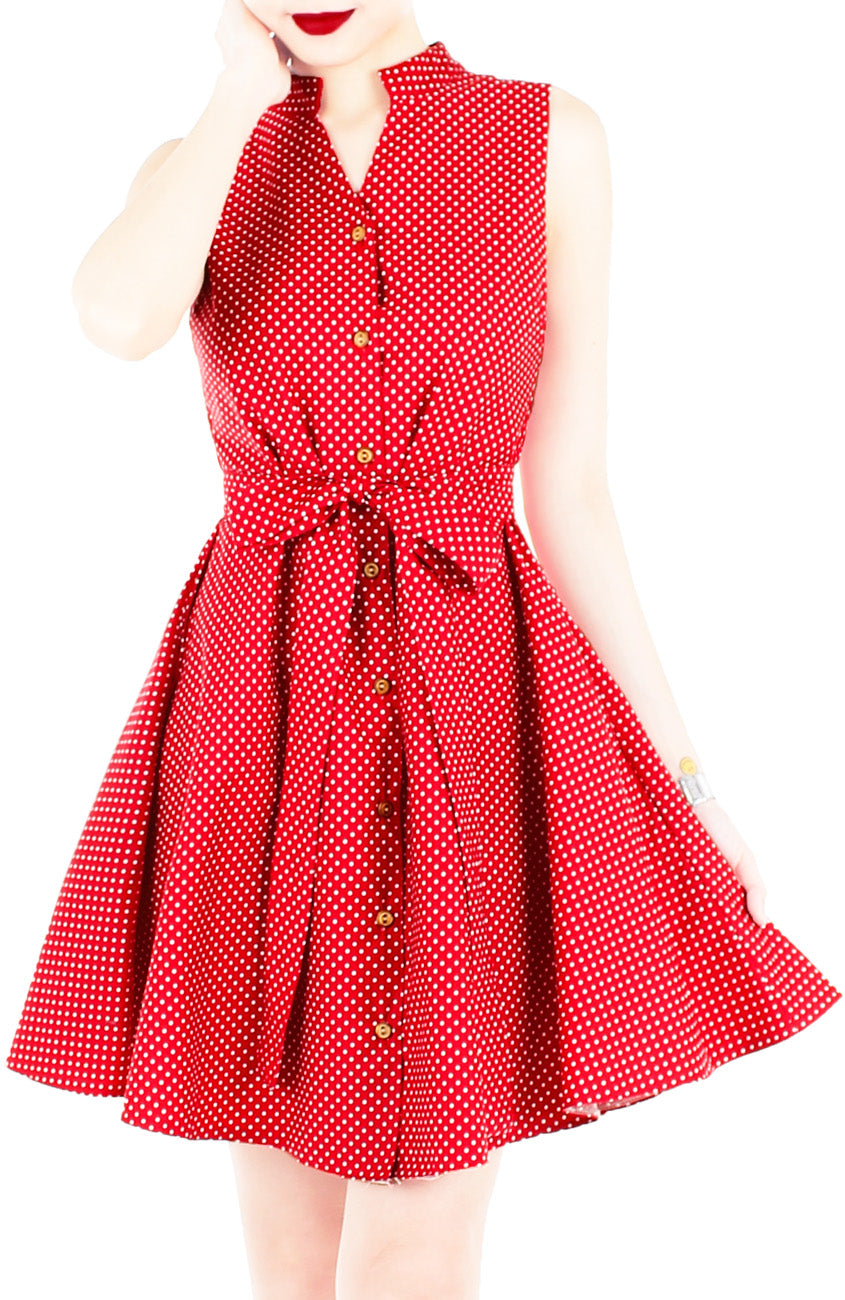 Lady Love Song Flare Dress with Wooden Buttons - Polka Dot Red