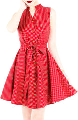 Lady Love Song Flare Dress with Wooden Buttons - Polka Dot Red