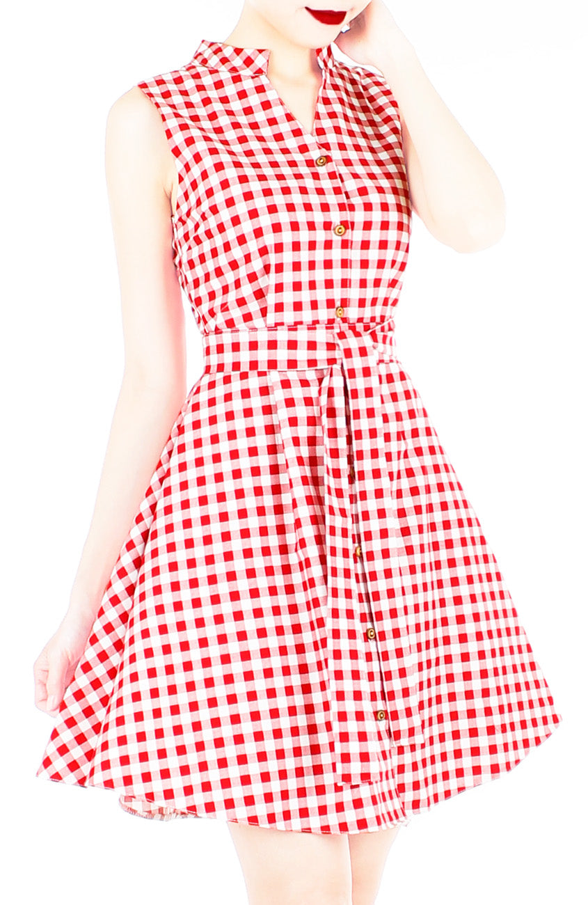 Lady Love Song Flare Dress with Wooden Buttons - Red Check