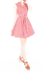 Lady Love Song Flare Dress with Wooden Buttons - Red Check