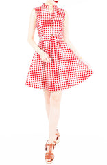 Lady Love Song Flare Dress with Wooden Buttons - Red Check
