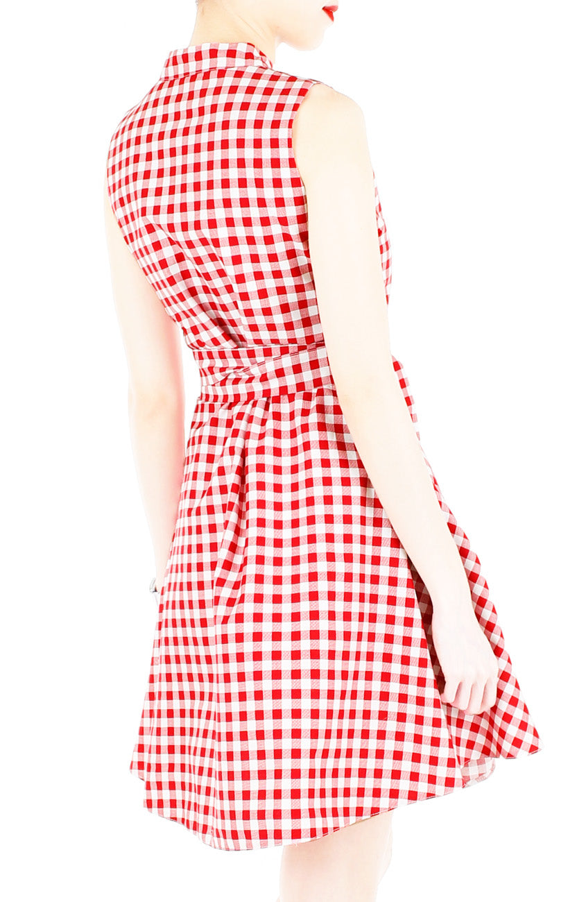 Lady Love Song Flare Dress with Wooden Buttons - Red Check