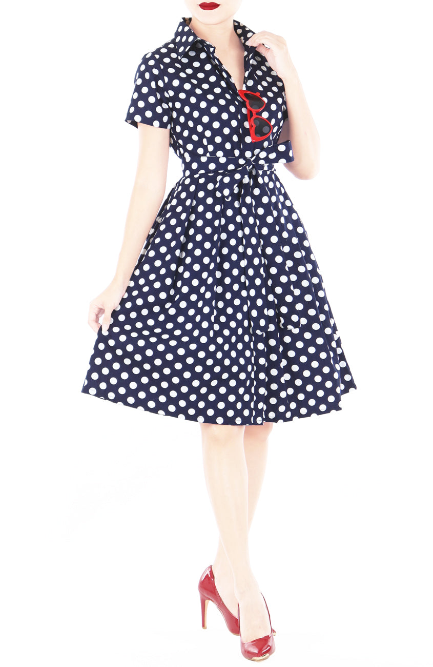 Miss Retro Polka Dots Anna Shirtdress - Navy