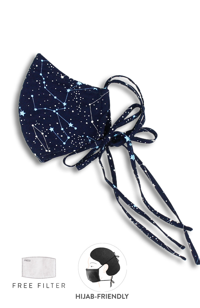 Moonlight Galaxy Pure Cotton Face Mask with Head Ties - Midnight Blue