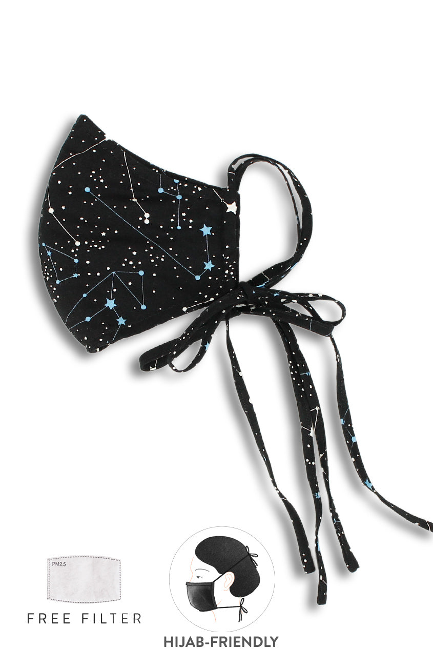 Moonlight Galaxy Pure Cotton Face Mask with Head Ties - Onyx Black