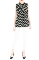 Noble High Neck Pleat Blouse in Chevron - Black