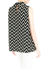 Noble High Neck Pleat Blouse in Chevron - Black