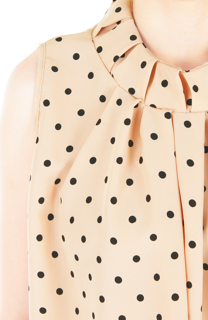 Noble High Neck Pleat Blouse in Polka Dots - Latte