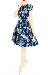 Poignant Peonies Flare Tea Dress - Porcelain Navy