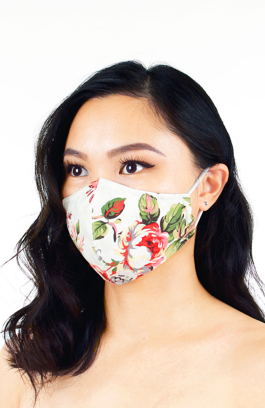 Poignant Peonies Pure Cotton Face Mask - Ivory White