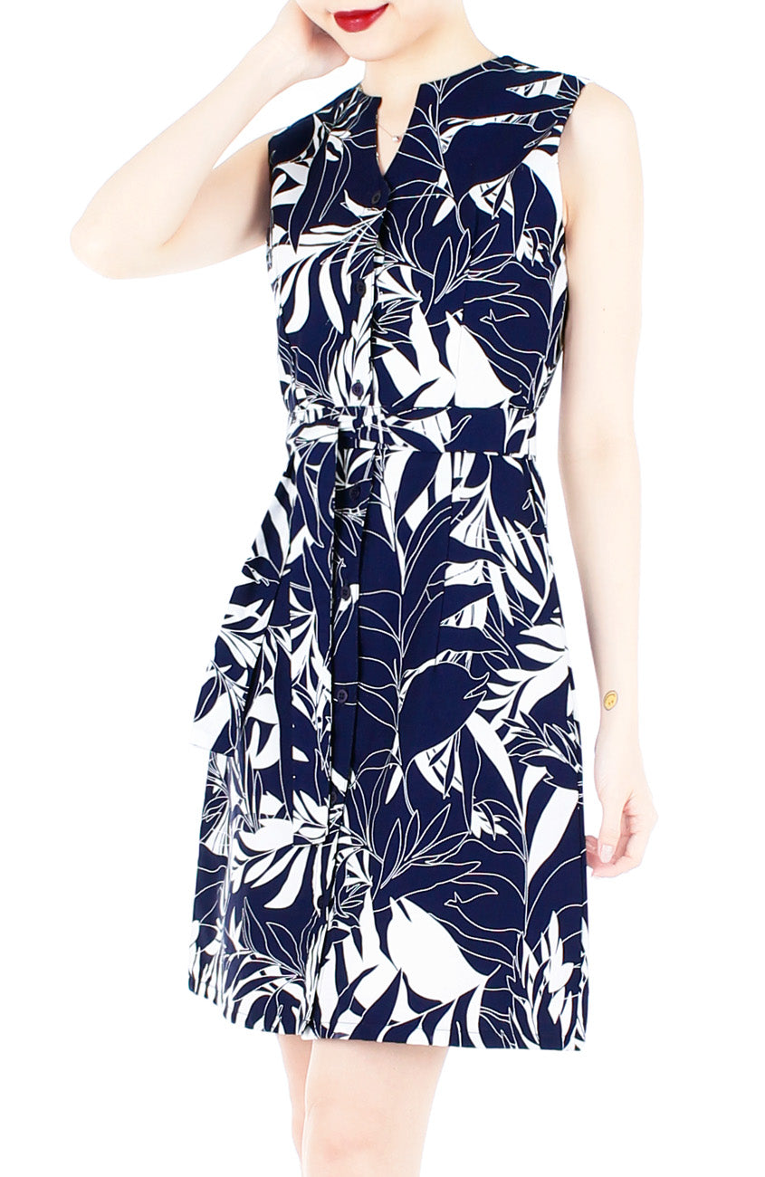 Poignant Palm A-Line Button Down Dress - Midnight Blue