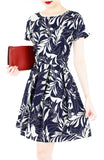 Poignant Palm Flare Dress with Short Sleeves - Midnight Blue