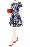 Poignant Palm Flare Dress with Short Sleeves - Midnight Blue