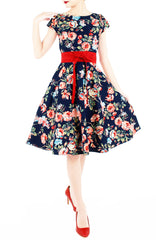 Poignant Peonies Flare Tea Dress – Navy