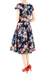 Poignant Peonies Flare Tea Dress – Navy