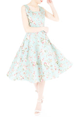 Prairie Vintage Floral Flare Midi Dress - Light Mint