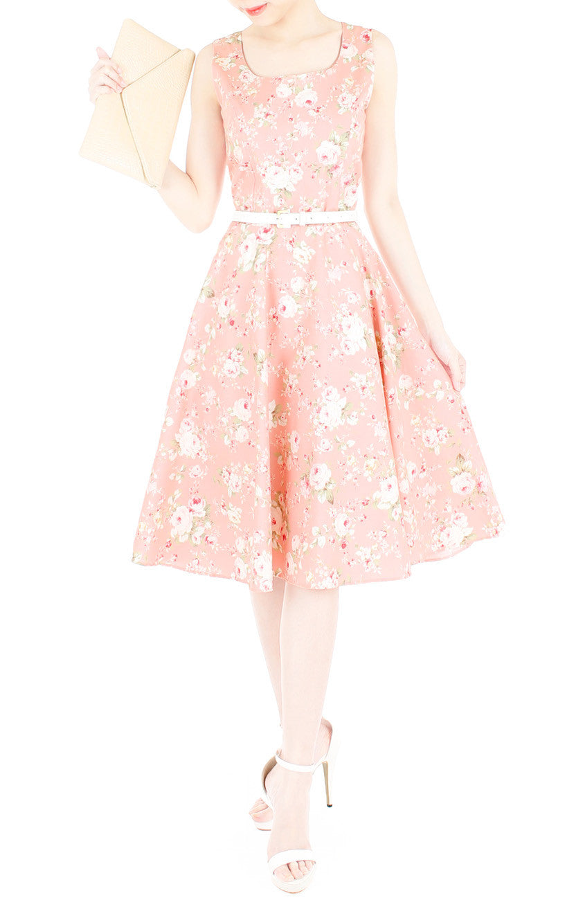 Prairie Vintage Floral Flare Midi Dress - Light Rose