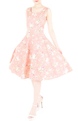 Prairie Vintage Floral Flare Midi Dress - Light Rose