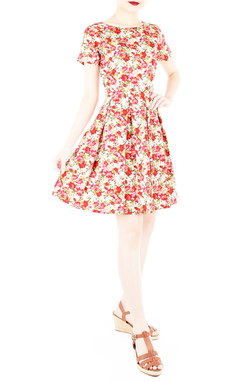 Red Roses Aflutter Flare Dress with Short Sleeves