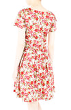 Red Roses Aflutter Flare Dress with Short Sleeves