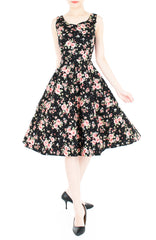 Riveting Rose Floral Flare Midi Dress - Black