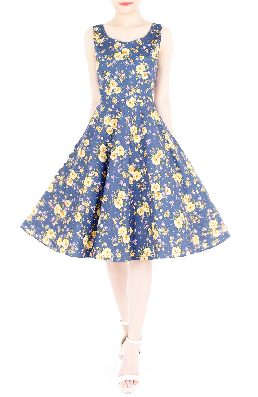Riveting Rose Floral Flare Midi Dress - Carolina Blue