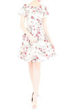 Romantic Resplendence Rose Flare Dress with Short Sleeves - Off White
