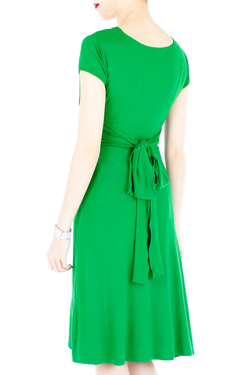 Romantic Knot Front Dress with Short Sleeves - Emerald Green