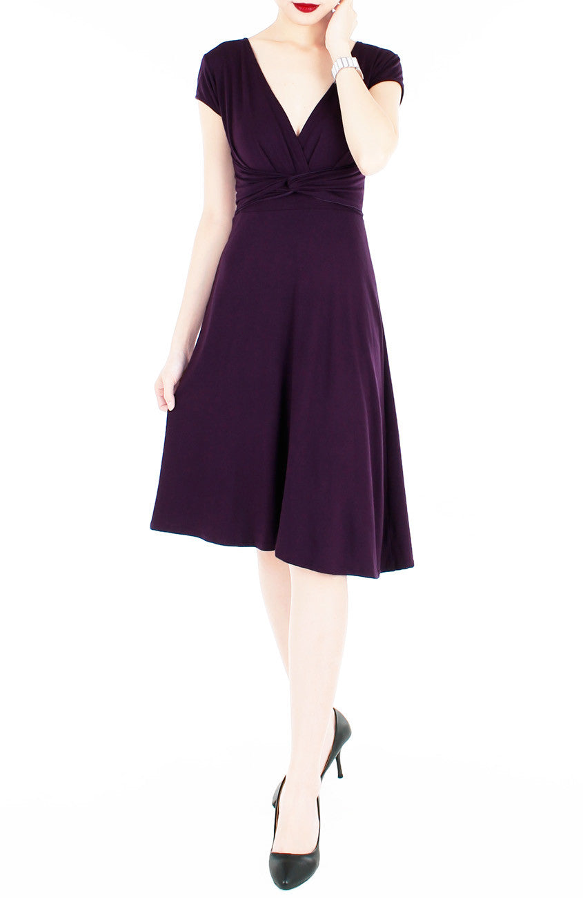 Romantic Knot Front Dress with Short Sleeves - Mulberry