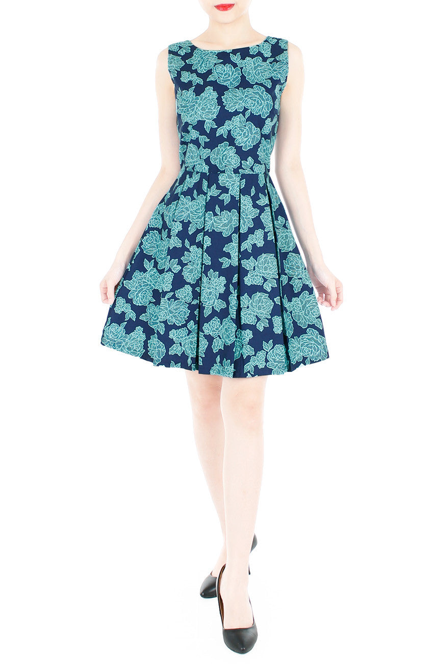 Rose Lattice Flare Dress - Blue