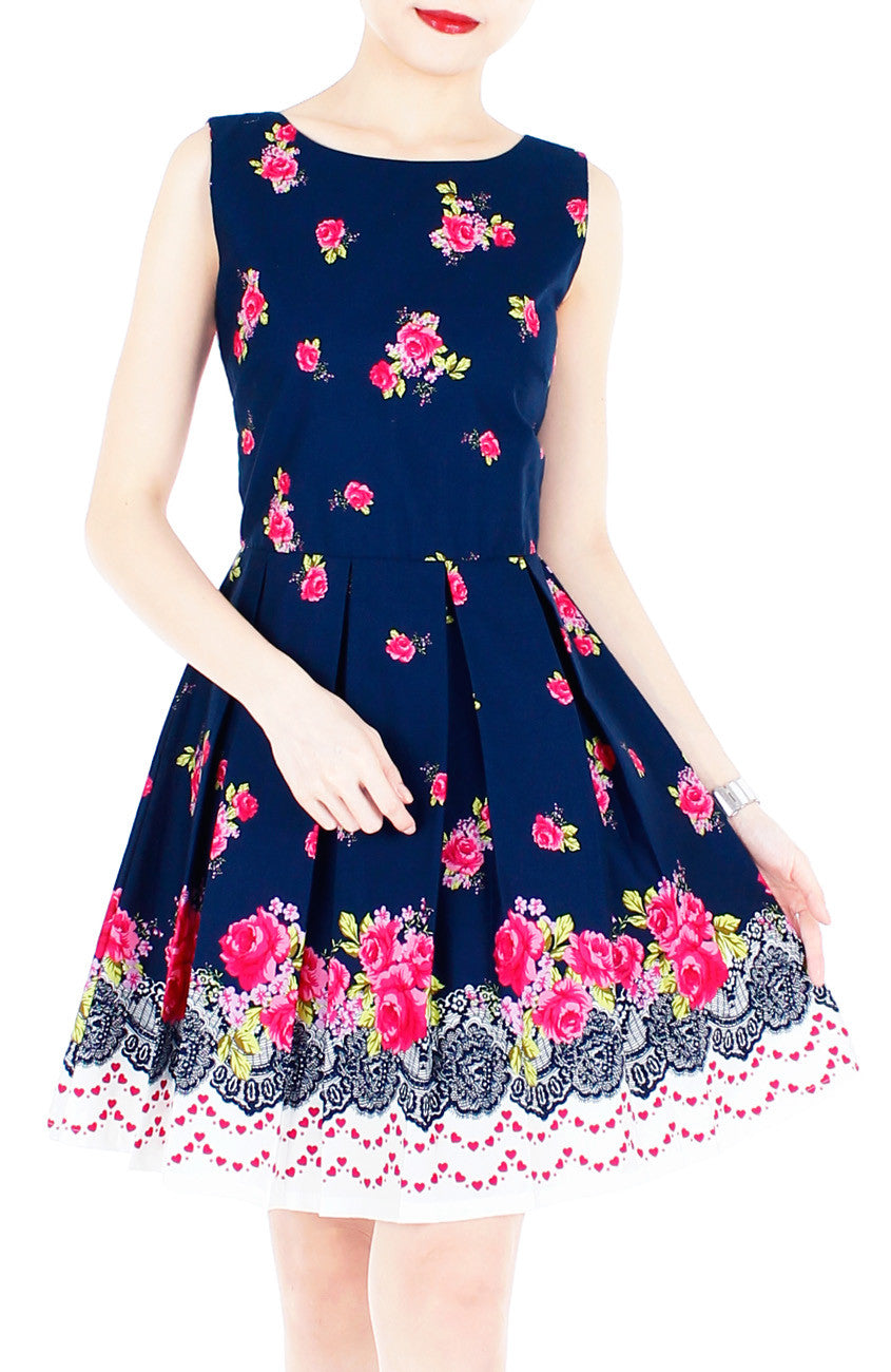 Rose Shower with Love Flare Dress - Dark Blue