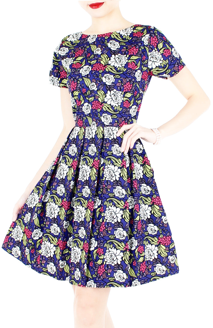 Rose & Radiance Flare Dress with Short Sleeves - Sapphire Blue