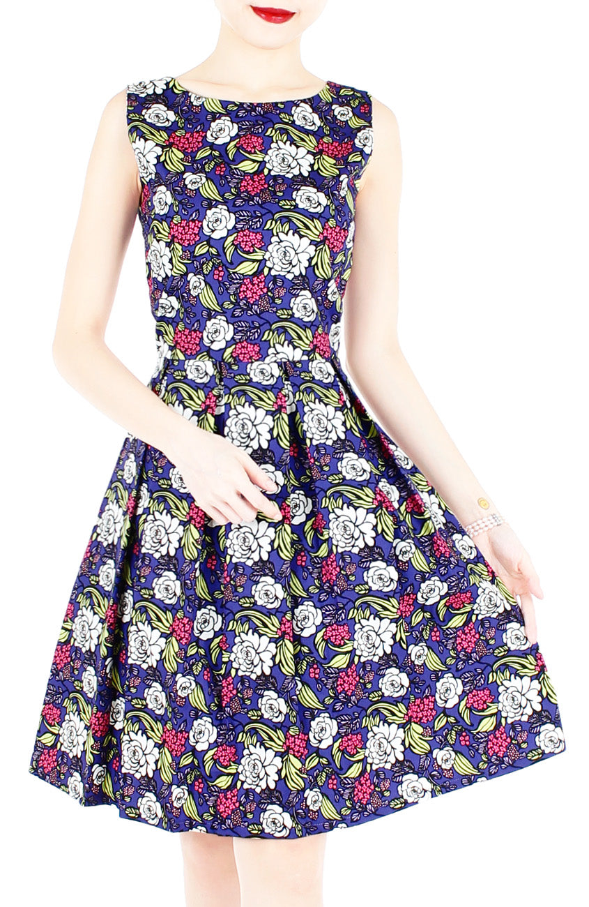 Rose & Radiance Flare Knee Length Dress - Sapphire Blue
