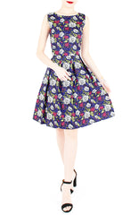 Rose & Radiance Flare Knee Length Dress - Sapphire Blue