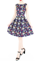 Rose & Radiance Flare Knee Length Dress - Sapphire Blue